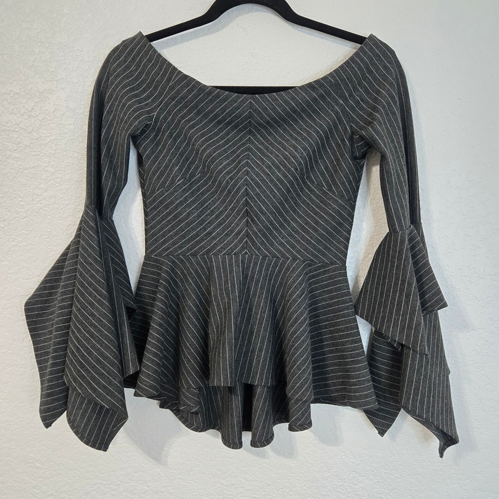 Torn by Ronny Kobo Boston Proper Gray Pinstripe Bell Sleeve Peplum Top XS